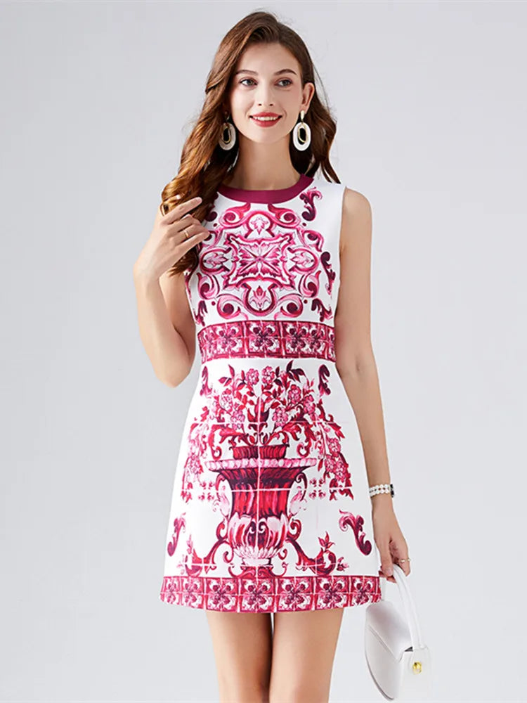 Runway-Inspired Blue & White Floral Sleeveless Holiday Mini Dress