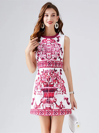 Runway-Inspired Blue & White Floral Sleeveless Holiday Mini Dress