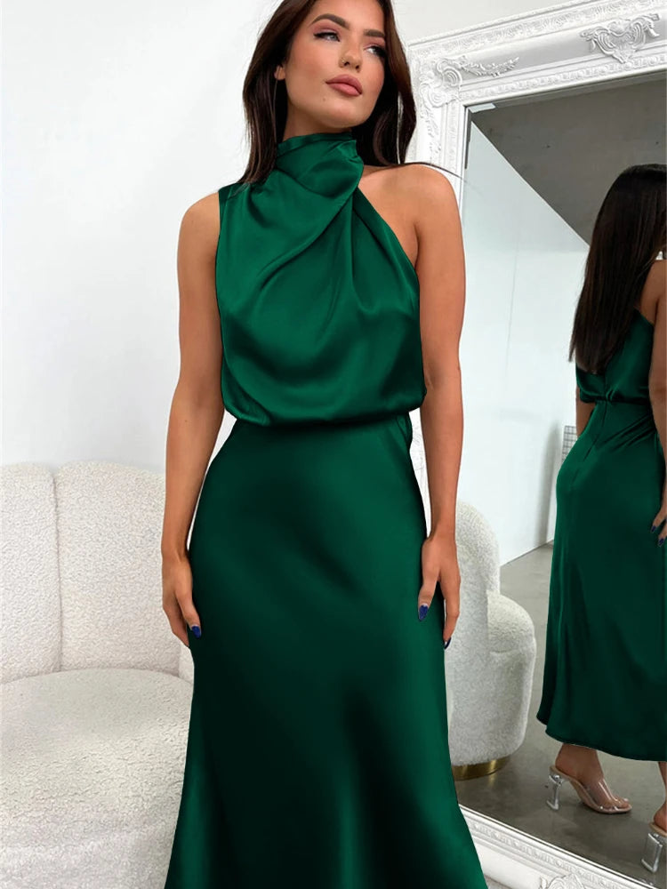 Luxury Satin Party Dress – Sleeveless Long Gown for Women’s Evening Events