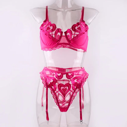 Women Sexy Black Embriodery Lingerie 3pcs Sets Hot Heart Pattern Fancy Bra And Panties With Garter Set Erotic Underwear Suits