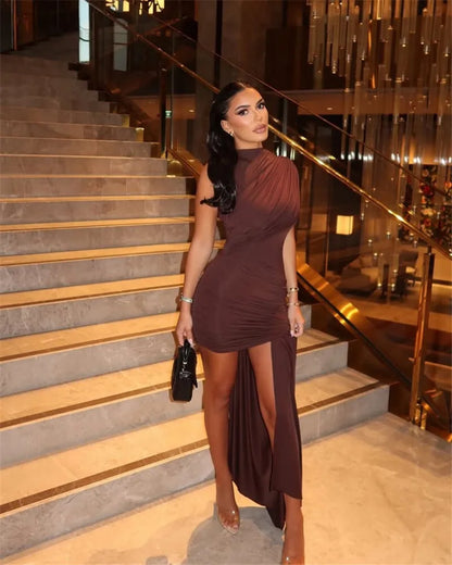 High Waist Ruched Mini Dress – Turtleneck Sleeveless Party Look