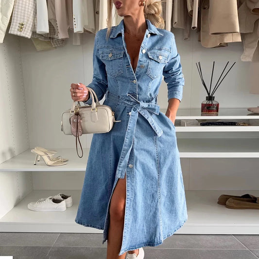 High-Waist Denim Midi Dress – Casual Lapel Shirt Style with Belted Fit