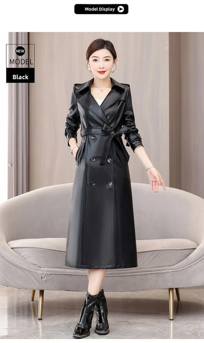 Trendy Sheepskin Leather Coat – Long Over-Knee Autumn Winter Fashion for Women