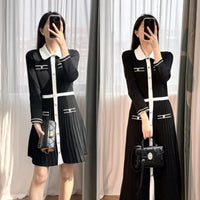 Elegant Collar Knitted Dress – Contrasting Color, Hundred Fold Long Sleeve Dress