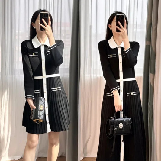 Elegant Collar Knitted Dress – Contrasting Color, Hundred Fold Long Sleeve Dress