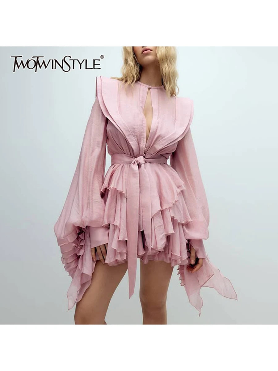 High Waist Solid Spliced Dress with Lace-Up Detail