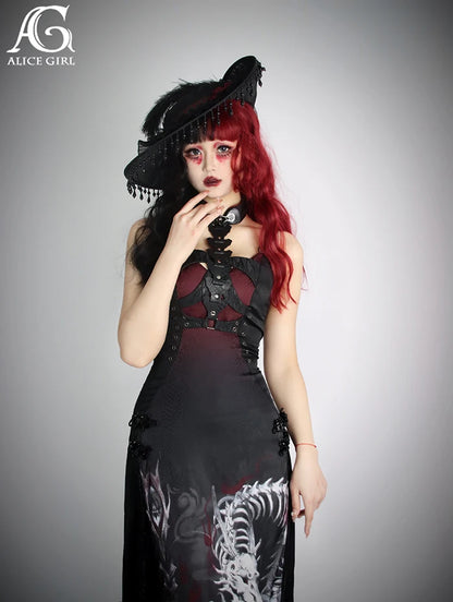 Original Alice Girl Dragon Print Dress – Light Lolita Gothic Punk Slip Dress