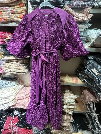 Blooming Grace – 3D Floral Bubble Sleeve Evening Dress