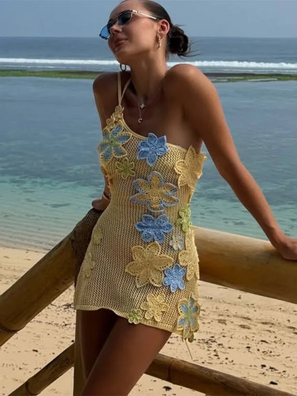 Vibrant Floral Knit Mini Dress – Sexy Hollow Out Beach Outfit