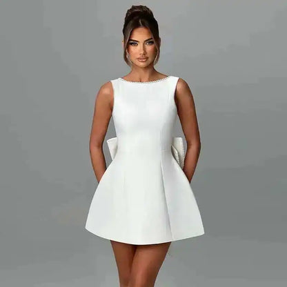 Sexy Backless Pearl Bow Dress – Townlike Women’s A-Line Mini Dress