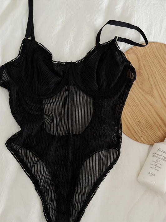 Halter Neck Lace Bodysuit – Sexy One-Piece Mesh Lingerie for Women