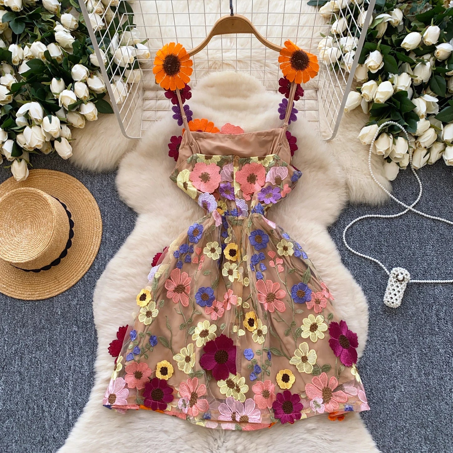 Zipper Back 3D Flower Embroidered Short Dress – Chic Sleeveless Look