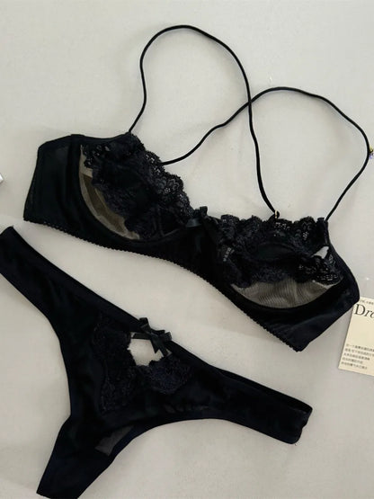 Sexy European Style Half Cup Bra – Lace Hollowout Push Up with Cute Bow Detail