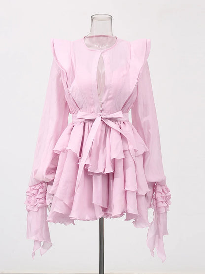 High Waist Solid Spliced Dress with Lace-Up Detail