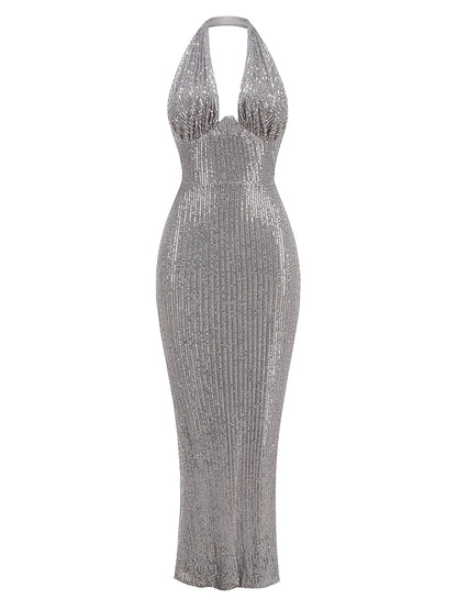 Glamour Green Sequin Halter Maxi Dress – Deep V Celebrity Gown