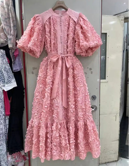 Blooming Grace – 3D Floral Bubble Sleeve Evening Dress