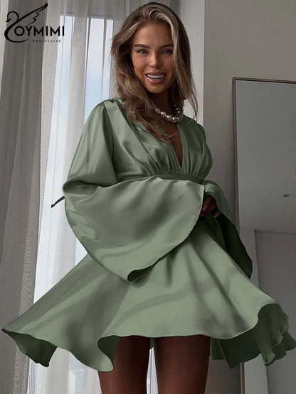Satin Chic: Long Sleeve Green Pleated Mini Dress by Oymimi