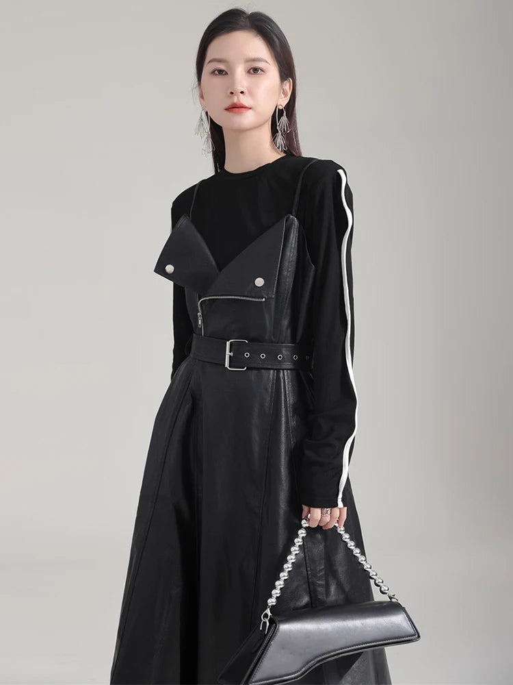 [Vibe] Black Leather Belted Dress – Sleeveless Fashion Loose Fit Women’s Dress