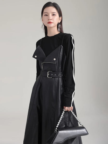 [Vibe] Black Leather Belted Dress – Sleeveless Fashion Loose Fit Women’s Dress