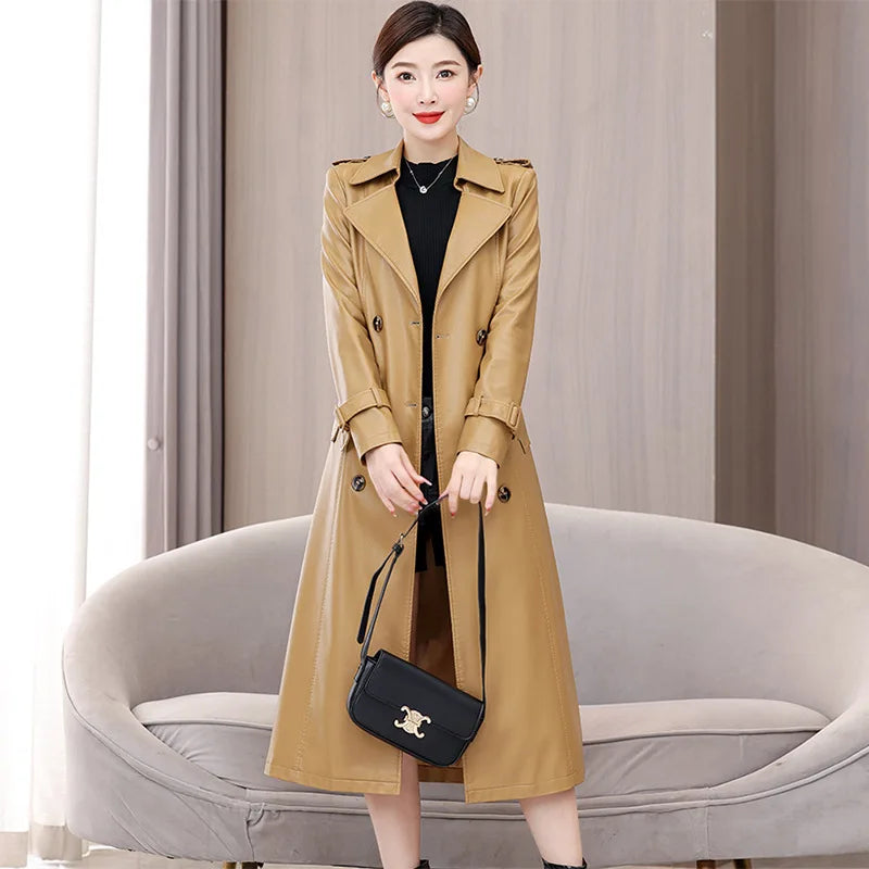 Trendy Sheepskin Leather Coat – Long Over-Knee Autumn Winter Fashion for Women