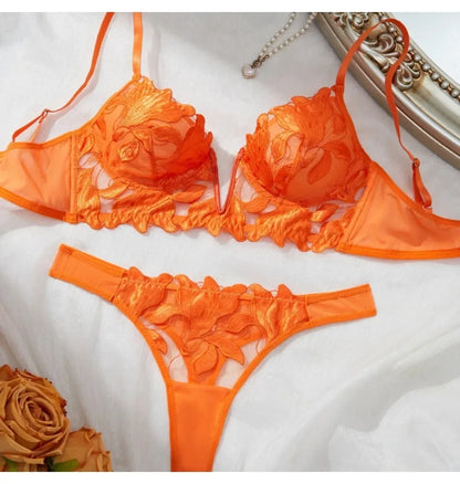 French Style Embroidered Lingerie Set – Deep V Plunge Bra & Sheer Thong for Women