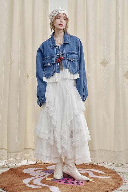 Women’s Vintage Y2K Lace Stitch Short Denim Jacket – ELFSACK Spring Edit