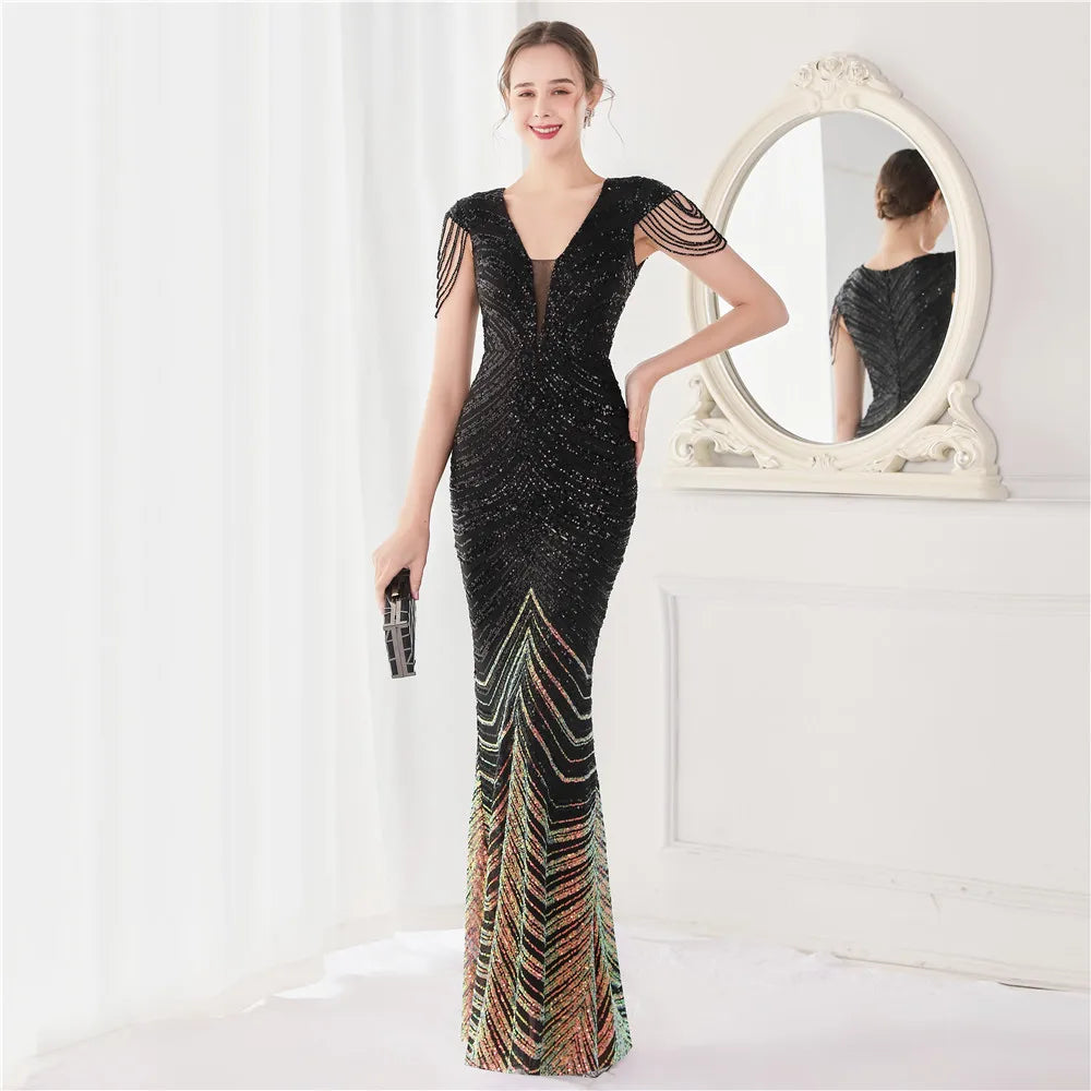 Glamorous Beaded Mermaid Evening Dress – Elegant V-Neck Silhouette for Women