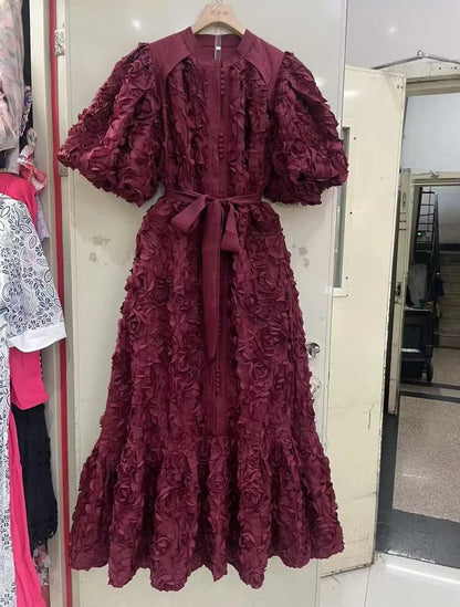 Blooming Grace – 3D Floral Bubble Sleeve Evening Dress