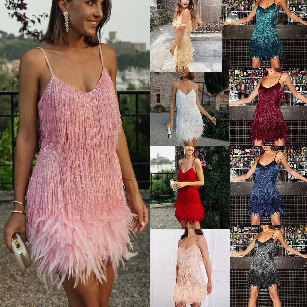 Feather Trim Sparkle Mini Dress – Club & Prom Edition