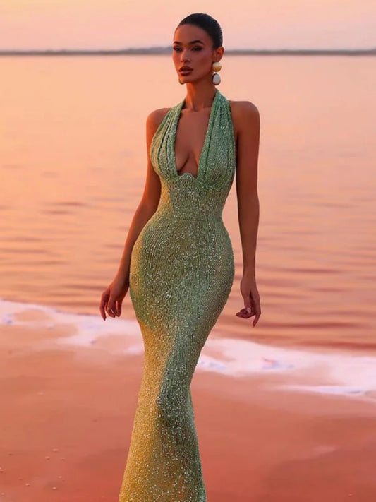 Glamour Green Sequin Halter Maxi Dress – Deep V Celebrity Gown