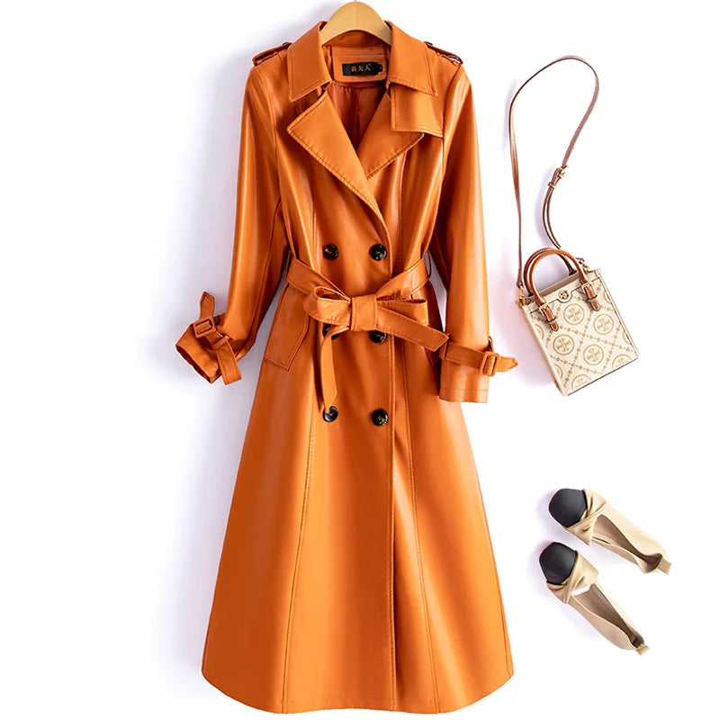 Trendy Sheepskin Leather Coat – Long Over-Knee Autumn Winter Fashion for Women