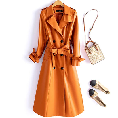 Trendy Sheepskin Leather Coat – Long Over-Knee Autumn Winter Fashion for Women