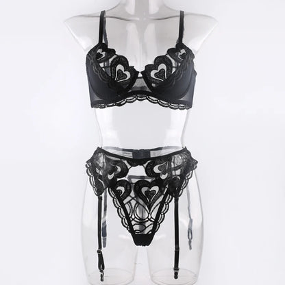 Women Sexy Black Embriodery Lingerie 3pcs Sets Hot Heart Pattern Fancy Bra And Panties With Garter Set Erotic Underwear Suits