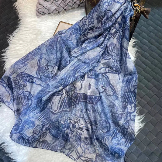 Elegant Blue Graffiti Silk Shawl – Neck & Head Scarf for All Seasons