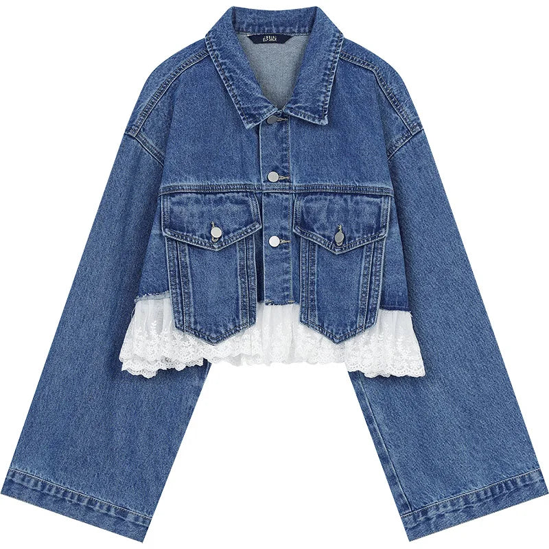 Women’s Vintage Y2K Lace Stitch Short Denim Jacket – ELFSACK Spring Edit
