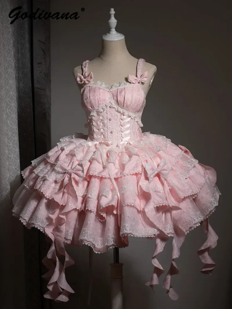 Sweet Lolita Suspender Dress – Short Flower JSK for Weddings & Special Occasions