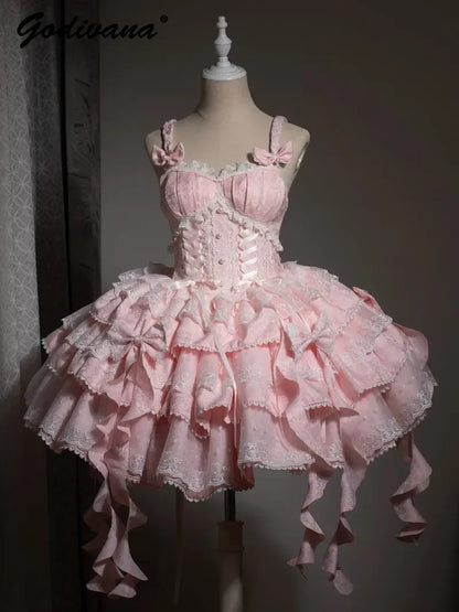 Sweet Lolita Suspender Dress – Short Flower JSK for Weddings & Special Occasions