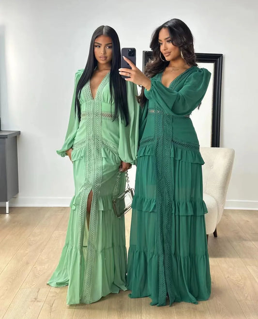 Elegant Ruffle Hollow-Out Maxi Dress – Summer Party Chic