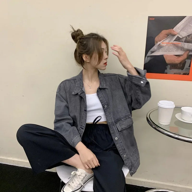 Versatile BF Fit Denim Jacket – Harajuku Casual Streetwear for Women