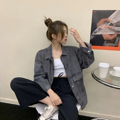Versatile BF Fit Denim Jacket – Harajuku Casual Streetwear for Women
