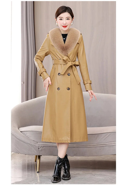 Trendy Sheepskin Leather Coat – Long Over-Knee Autumn Winter Fashion for Women
