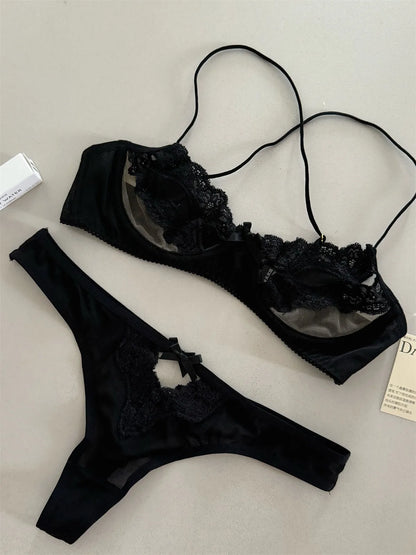 Sexy European Style Half Cup Bra – Lace Hollowout Push Up with Cute Bow Detail
