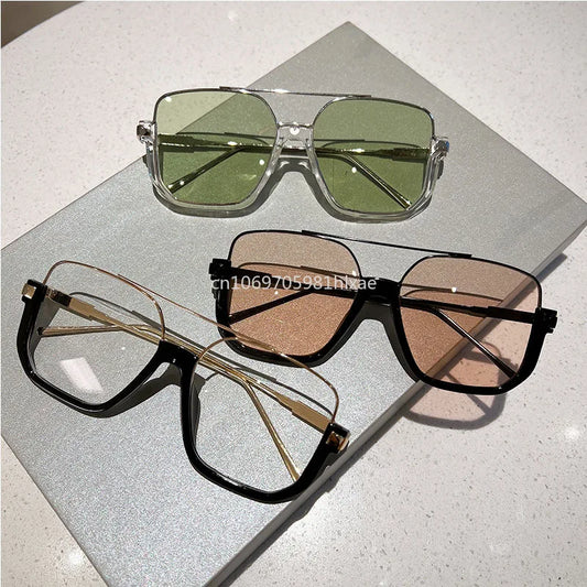 Vintage Big Square Sunglasses – Unisex Half-Metal Frame UV400 Fashion Shades
