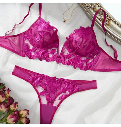 French Style Embroidered Lingerie Set – Deep V Plunge Bra & Sheer Thong for Women