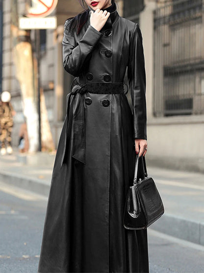 Women’s Autumn Maxi PU Leather Trench – Belted Double-Breasted Luxury Coat