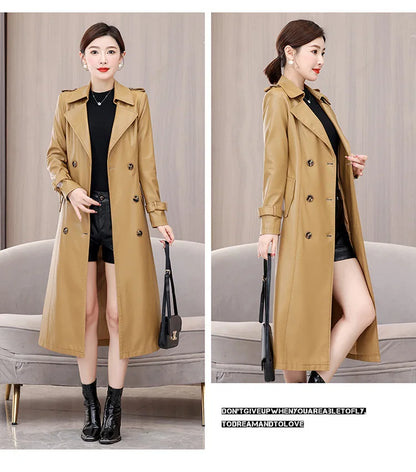 Trendy Sheepskin Leather Coat – Long Over-Knee Autumn Winter Fashion for Women