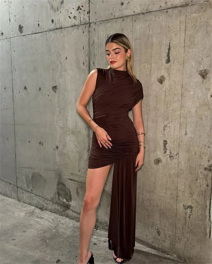 High Waist Ruched Mini Dress – Turtleneck Sleeveless Party Look