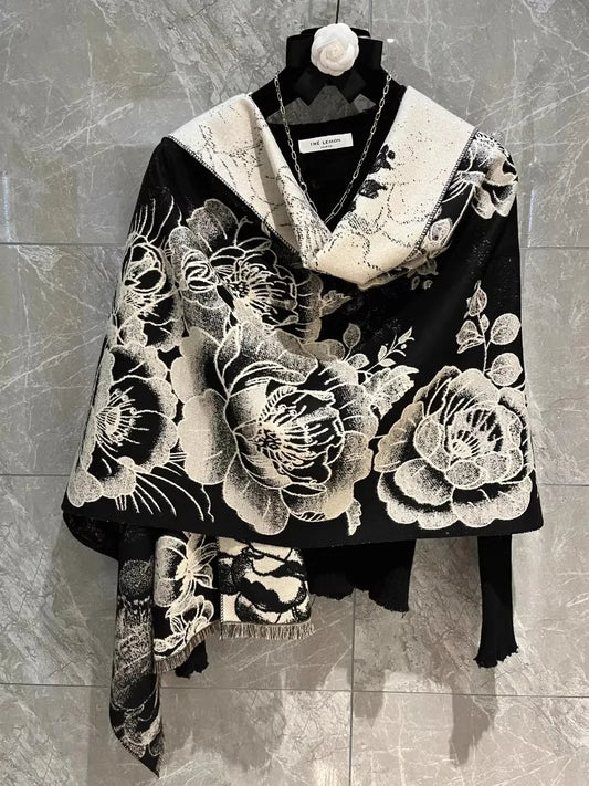 Versatile Floral Peony Shawl – Winter Warm Scarf & Summer Wrap Cape