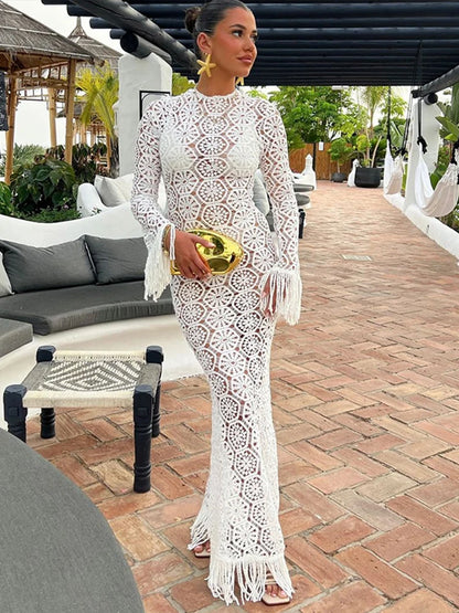 Elegant Knitted Tassel Hollow Out Long Dress Women O-neck Long Sleeve  Floral Lace Slim Dresses 2025 Summer Lady Holiday Robes