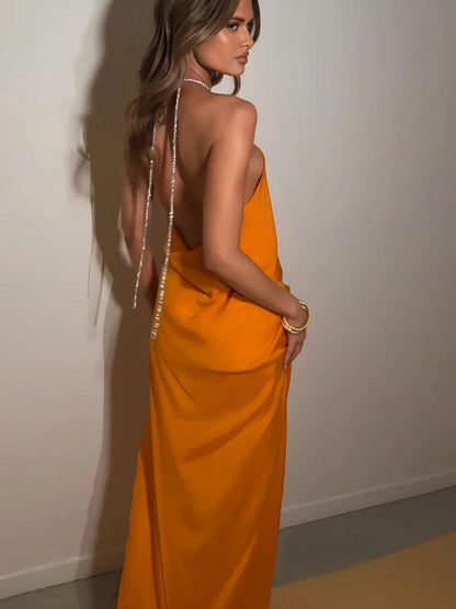 Summer Seduction: Pink Chain Halter Slit Maxi Dress